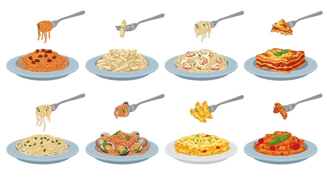 Delicious pasta dishes, Italian food icons, vector meal illustrations, 8 plates of spaghetti, fettuccine, and macaroni