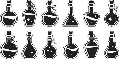 Assorted potion bottles with magical liquid and sparkles © Ranaart