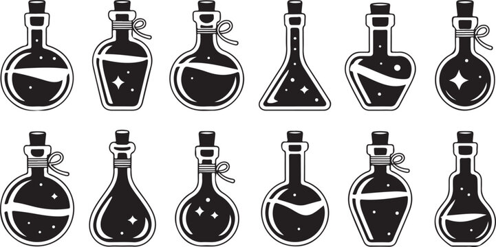 Assorted potion bottles with magical liquid and sparkles
