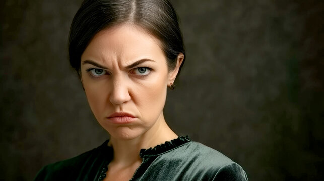 Close Up Portrait of an Angry Furious Woman Frowning and Glaring with Annoyed Expression Against Dark Textured Background Banner