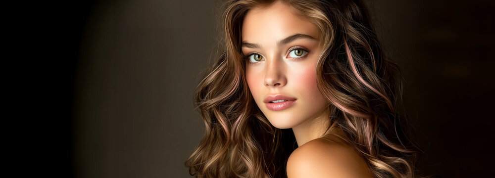 Beautiful Young Woman with Long Curly Brunette Hair, Highlights, and Soft Makeup on Dark Background