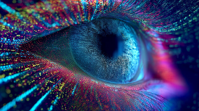 Futuristic human eye with digital data particles and artificial intelligence technology concept