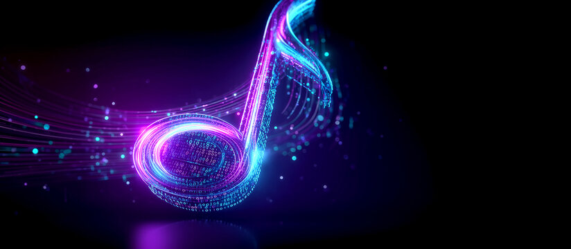 Futuristic Musical Note Symbol Formed by Digital Binary Code Matrix with Glowing Purple and Blue Neon Particle Waves Banner