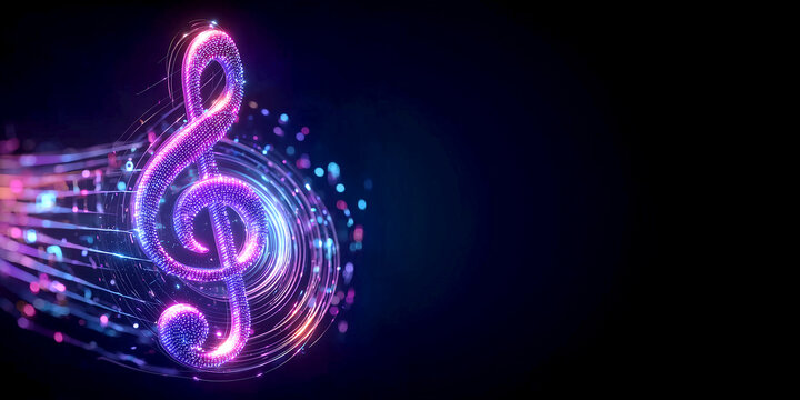 Futuristic Treble Clef Musical Symbol with Glowing Purple and Blue Neon Particle Swirls on Black Background Banner