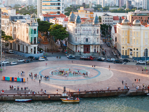 Aerial view of Marco Zero square and the historic old town, Recife, Pernambuco, Brazil