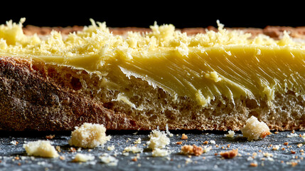 Fototapeta premium Extreme macro view of a slice of sourdough bread spread with a thick layer of green butter on a dark stone background