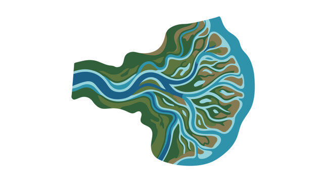 An illustrated river delta showing branching waterways and land segments.