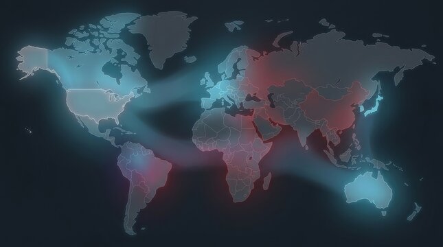 World map with glowing gradient regions representing economic influence.