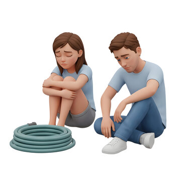 Sad couple sitting with garden hose