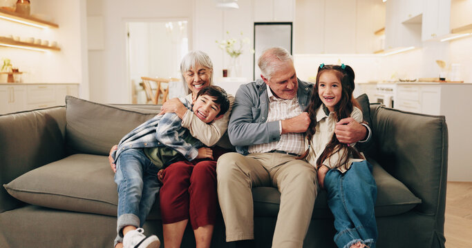 Smile, grandparents and playing in home with children, love or bonding together for weekend fun. Happy, old people and laugh at house with kids, playful activity and family connection for babysitting