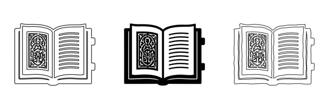 Collection of three open book icons with ornate illustrations and text lines