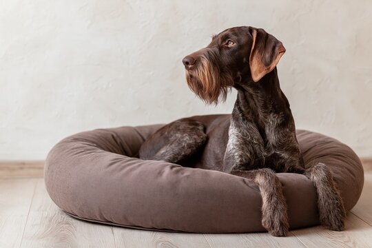 The German Wirehaired Pointer Relaxing on a Plush Round Dog Bed