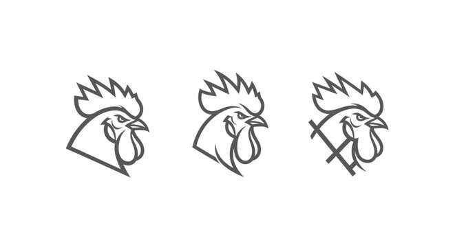 Three stylized rooster head illustrations in black and white.