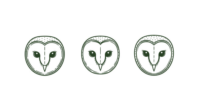 Three stylized owl faces in circular frames.