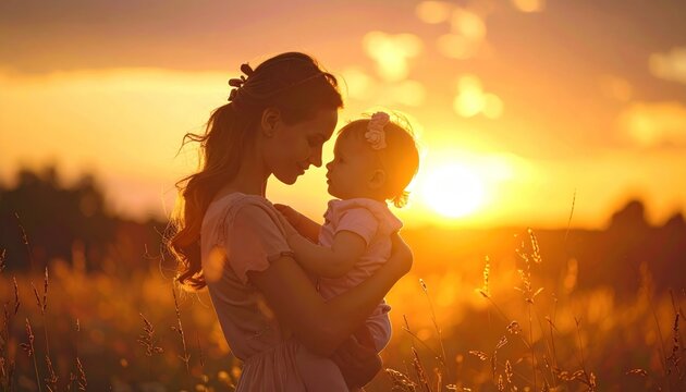 Woman embraces child during a sunset in a golden field, silhouetted