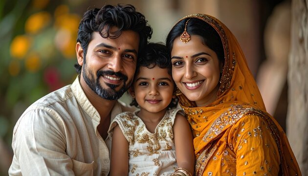 Warm family portrait of a South Asian family smiling, dressed in traditional attire