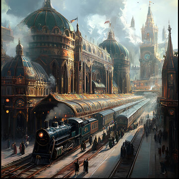 Arrival of a historic steam train at a magnificent victorian station featuring impressive architecture and eager passengers