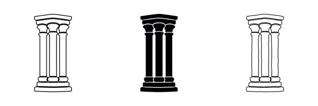 Three ancient columns in outline, solid, and hand-drawn styles on white background