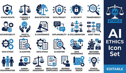 Fototapeta premium AI ethics icon set depicts conceptual symbols for artificial intelligence governance, data privacy, and human rights in technology.