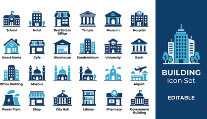 Obraz premium Buildings collection displays various architectural structures including schools, hospitals, and airports in a blue monochrome style.