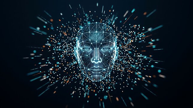 Digital Human Face with Exploding Particles Representing Artificial Intelligence and Technology.
