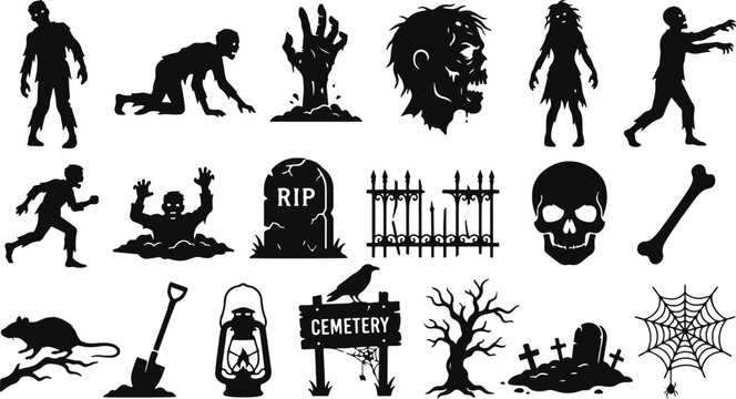 Happy halloween silhouette icons zombies tombstones and spooky decorations