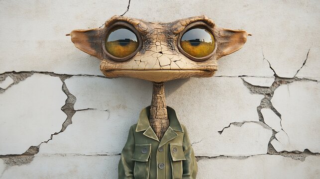 A cartoonish,  lizard-like creature,  with large eyes and a  long neck,  wears a  military-style  jacket  against a  cracked  wall