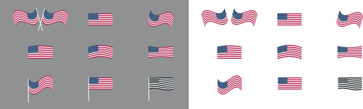 Collection of American flag icons featuring waving and flat USA flag designs isolated on transparent, light, and dark backgrounds for graphic design and patriotic projects.