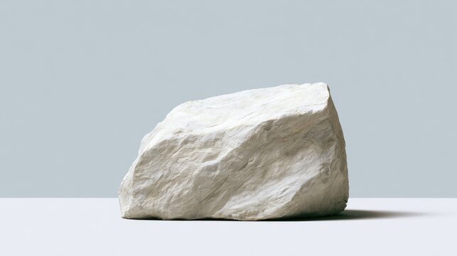 Unevenly shaped pale gray mineral specimen on a smooth white surface