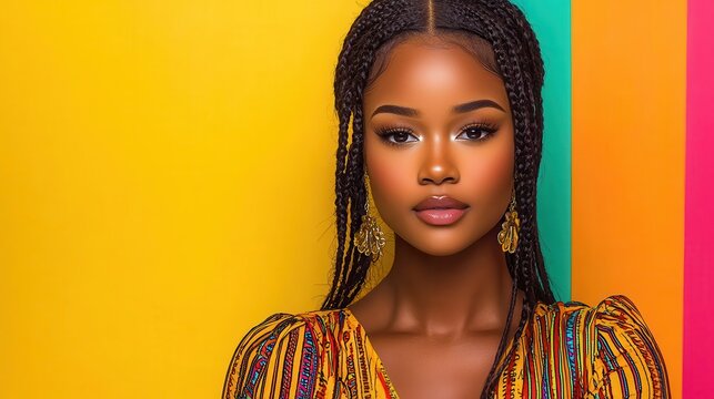Portrait of a Young Black Woman with Box Braids Against a Vibrant Yellow, Teal and Pink Background