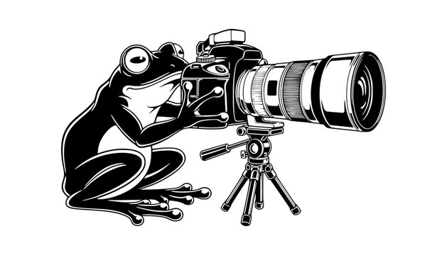 Imagine prompt artistic black and white drawing of frog photographer