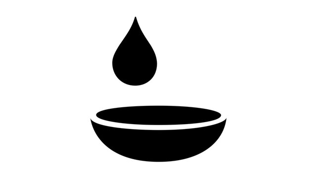 Falling blood drop vector icon over a donation bowl, minimalist black healthcare illustration for transfusion service, plasma collection, sample testing, clinic materials, scalable signage, and apps