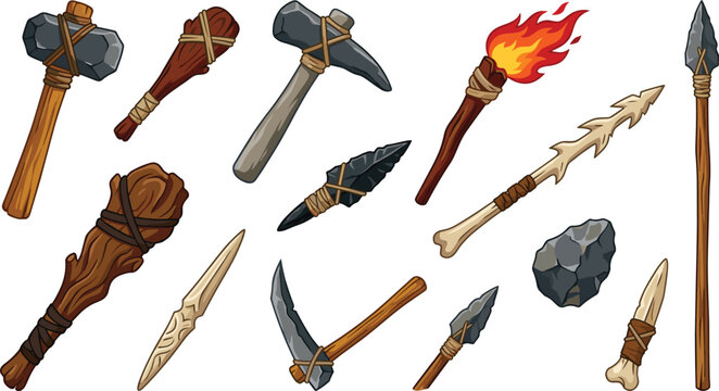Prehistoric stone age ancient weapons and tools icon collection set cartoon style vector illustration isolated on white background