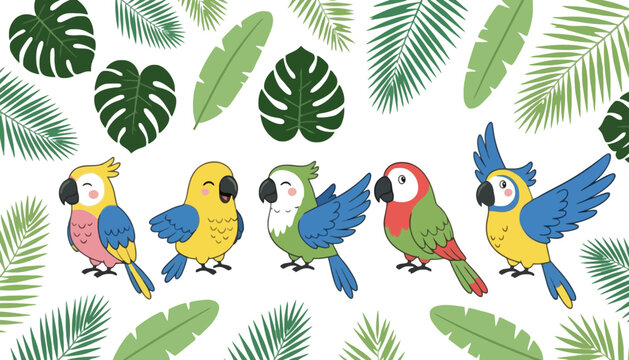 Imagine prompt: set of colorful cartoon parrots with tropical leaves