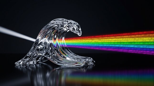 Glass wave prism refracting white light into glowing rainbow binary code spectrum