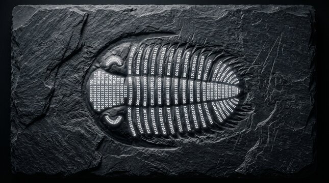 Trilobite fossil embedded in dark slate rock with glowing binary code segments