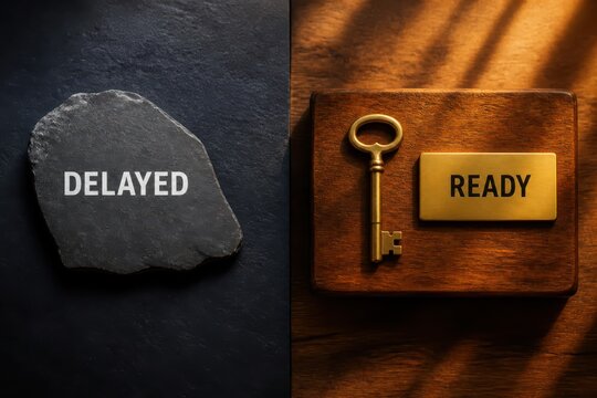 Delayed and ready business concept with key and stone sign