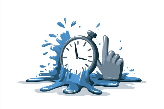 A clock melts into a blue puddle next to a hand gesture signifying scrolling on a social media feed, showing time disappearing.