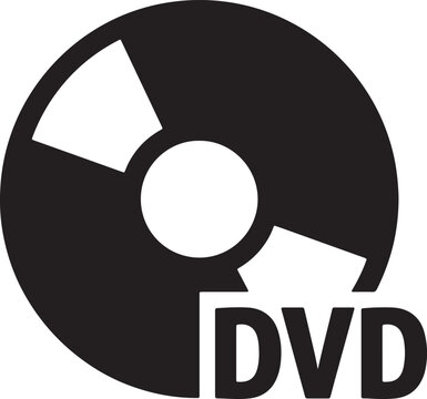 Black and white of a dvd disc with a central hole and two cut-out segments, accompanied by the bold text label dvd at the bottom right also transparent background