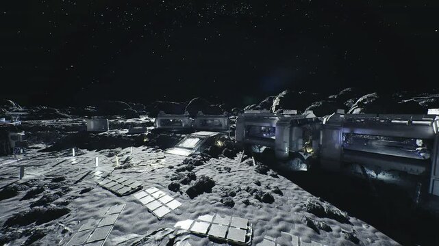 lunar command center panoramic view of control hub and instrument banks, glowing displays and telemetry overlays, comms arrays and distant landing pads