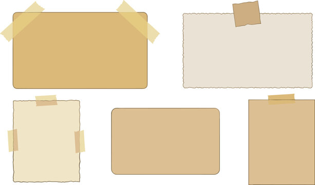 Blank Kraft Paper Notes and Adhesive Tape Vector Set with Vintage Memo Sheets Reminder Cards and Adhesive Strips for Graphic Design Projects