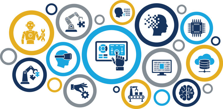 Artificial Intelligence and Smart Factory Automation Concept Banner with Industry 4.0 Robotics Machine Learning Systems and Digital Control Panel Blue Vector Graphics