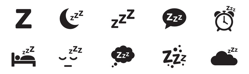 Sleep and zzz dream icon set. Night bedtime symbols, alarm clock, moon, sleeping person, relaxation and healthy rest signs. Vector illustration. © Roberto_Caravelli