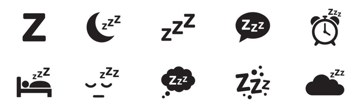Sleep and zzz dream icon set. Night bedtime symbols, alarm clock, moon, sleeping person, relaxation and healthy rest signs. Vector illustration.