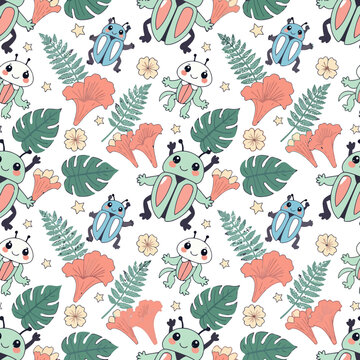 Cute cartoon bugs and flowers seamless pattern
