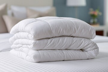 Fototapeta premium The White Duvet Stack on a Clean Bed in a Modern Bedroom