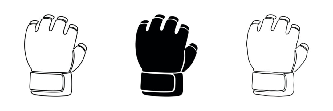 Set of three MMA gloves in outline, solid black, and hand-drawn styles