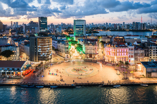Aerial view of Marco Zero square and the historic old town at dusk, Recife, Pernambuco, Brazil