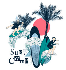 Surf camp hand drawn vector poster. © Marina Gorskaya