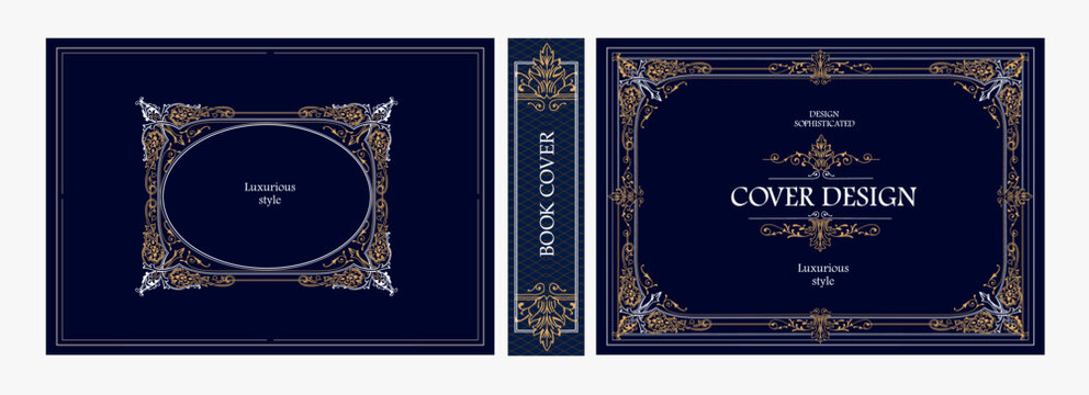 Elegant horizontal vintage book cover design with ornate Baroque frame, decorative gold ornaments, and luxurious retro style for publications, albums, posters, and premium layouts